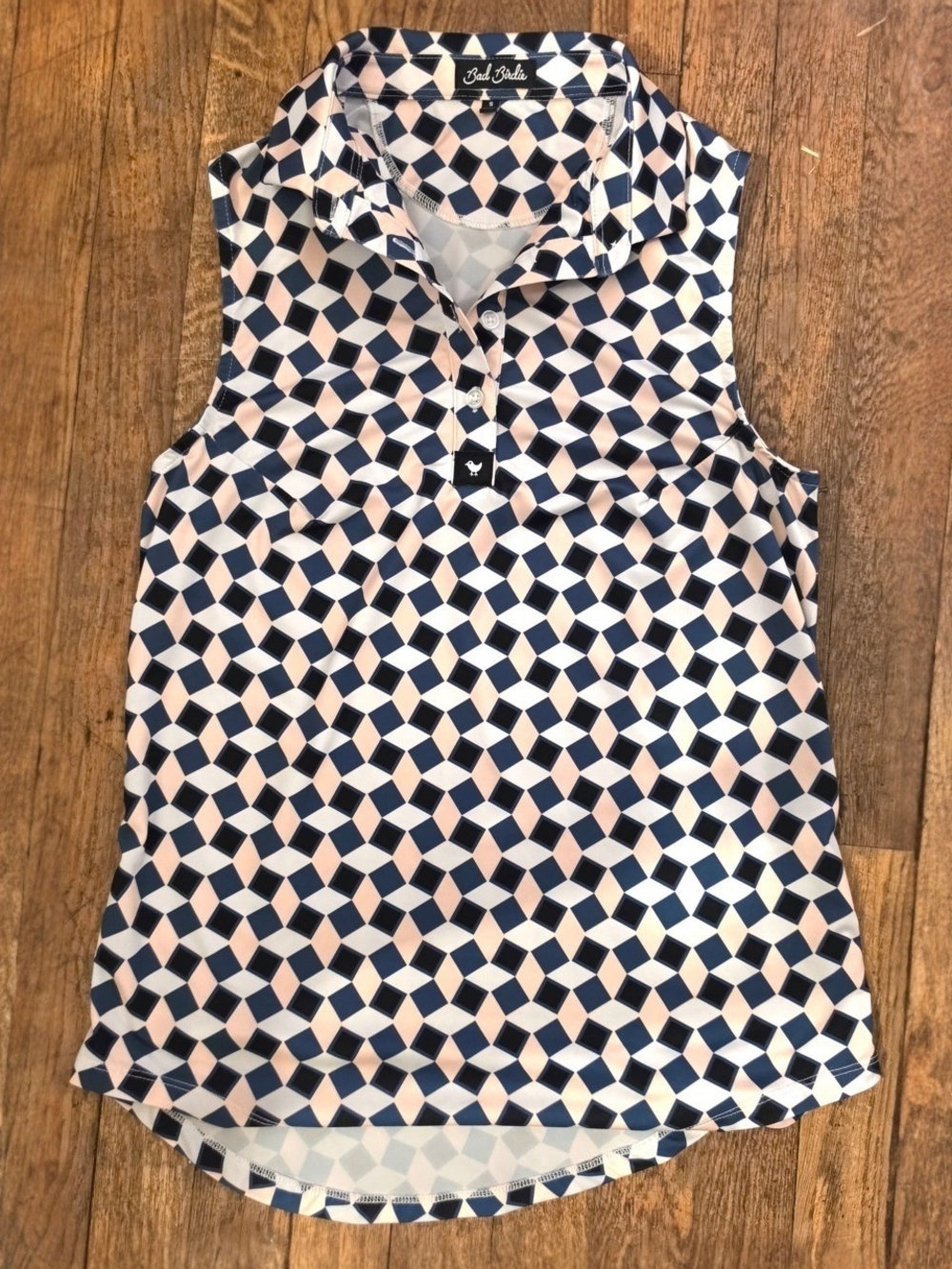 Bad Birdie Navy and Blush Geometric Sleeveless Polo Tank